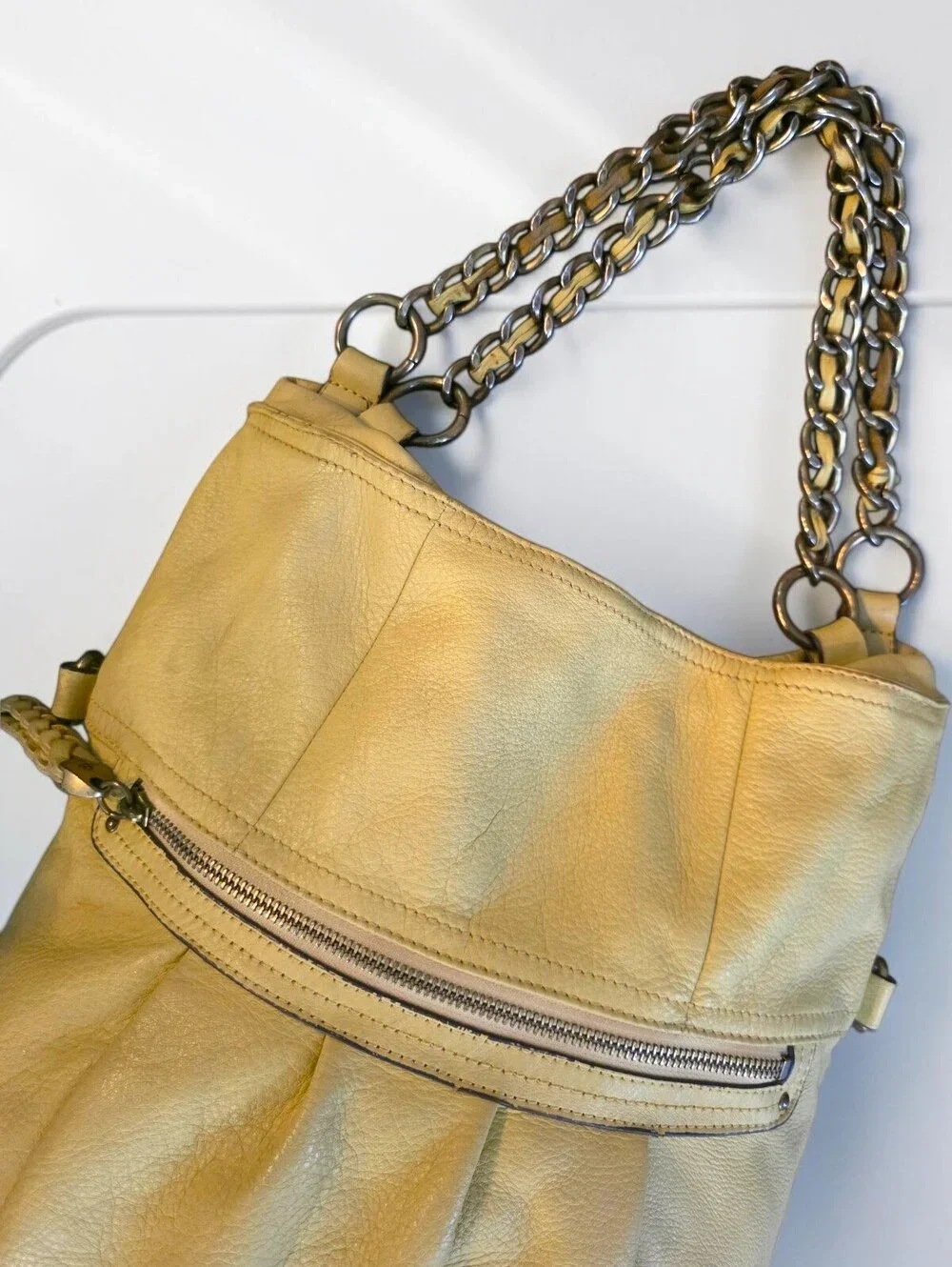 B Makowsky Butter Yellow Leather Hobo Shoulder Bag Chain Handle Y2K Large
